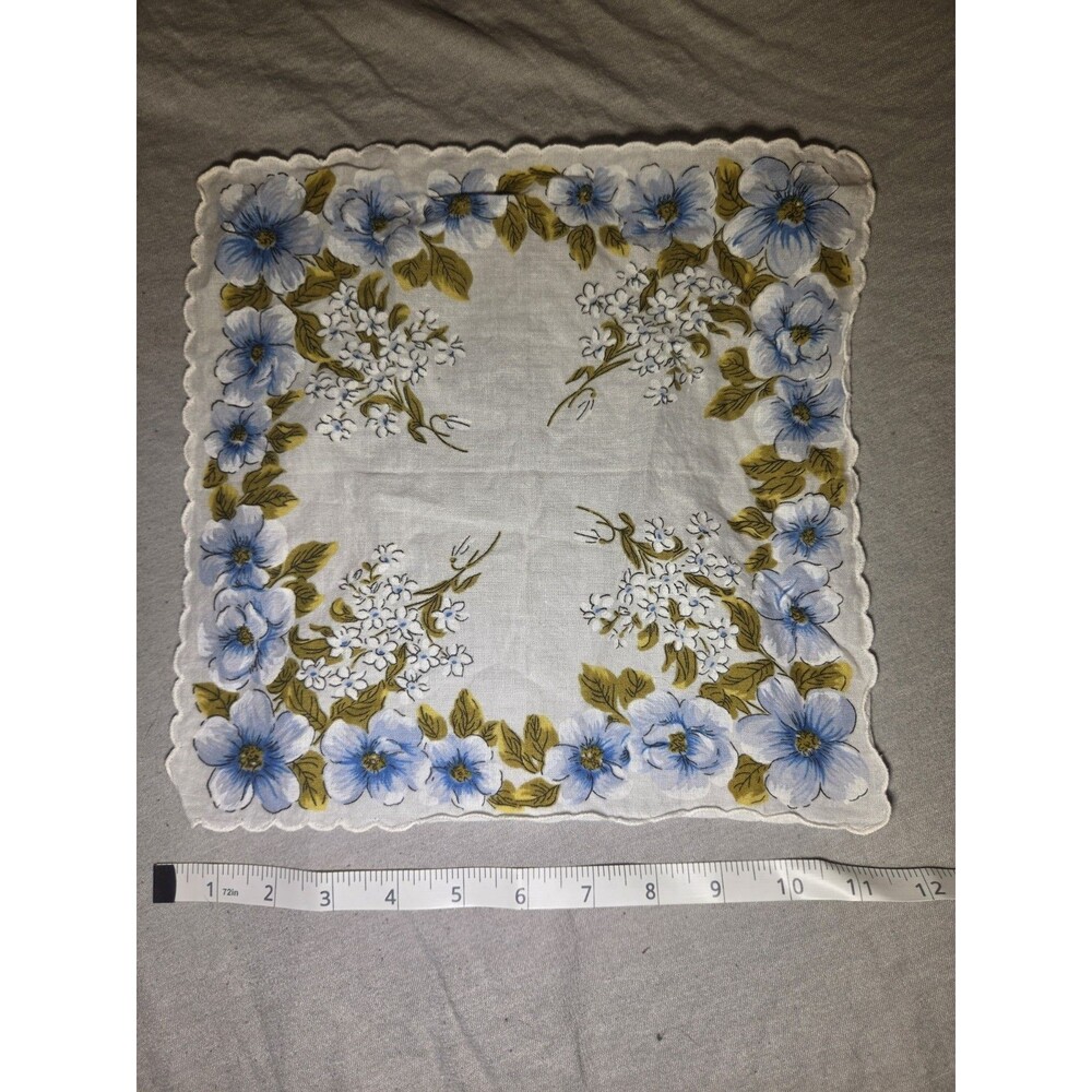 Vintage Floral Ladies Handkerchiefs Lot of 2 Blue Yellow Purple Scalloped Hankie